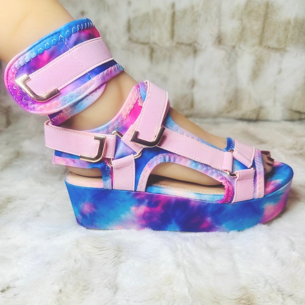 Pazzle Cotton Candy Platform Tie Dye Pink Harness Strap Sandals - Picture 4 of 9